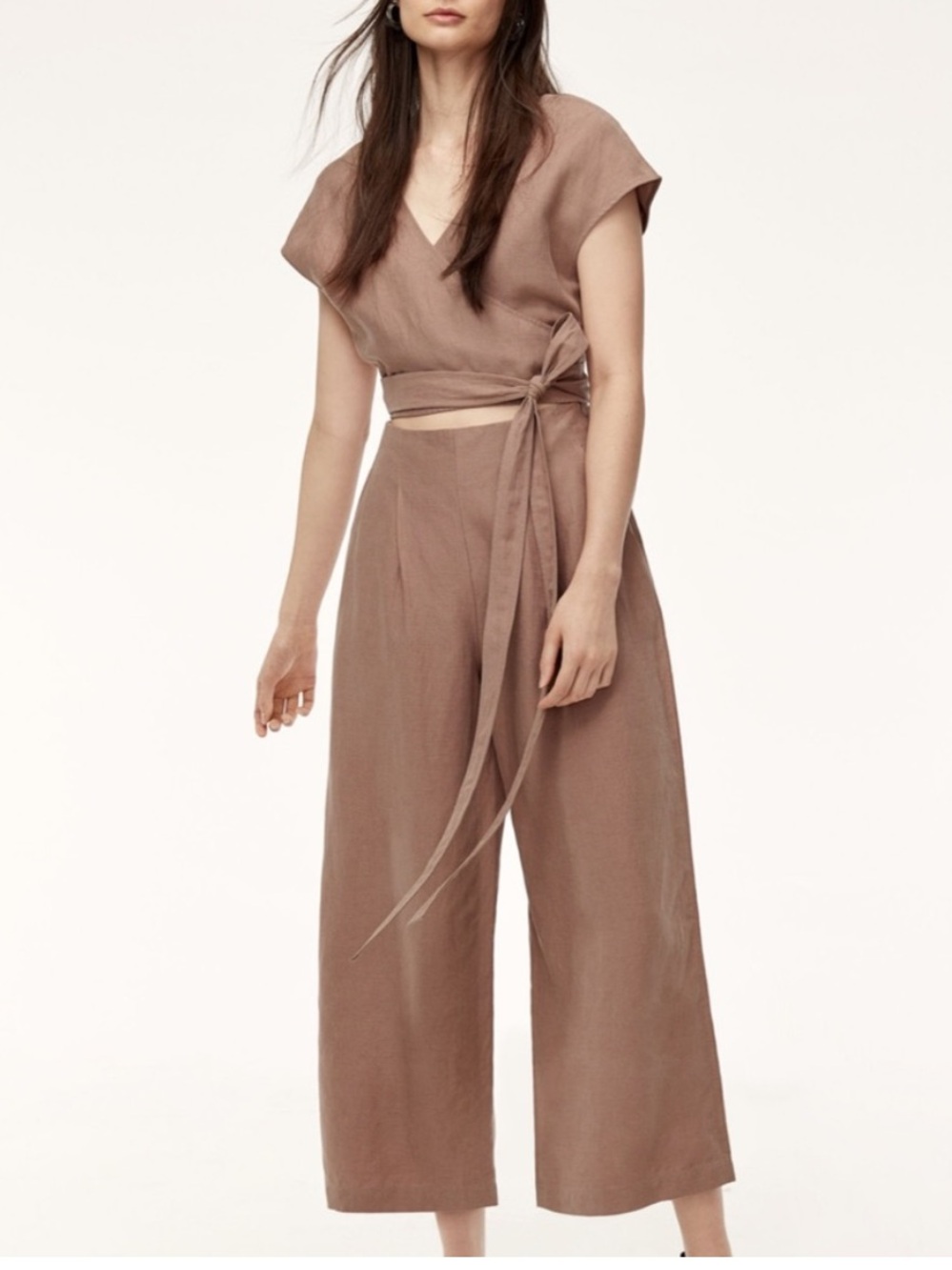 NWT Wilfred Brax Linen Blend Jumpsuit Romper Cutout Wrap Style Tie Up Front